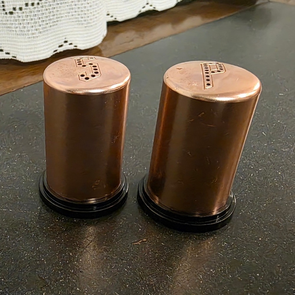 Vintage Copper Salt Pepper Shakers, USA Made, Metal Set